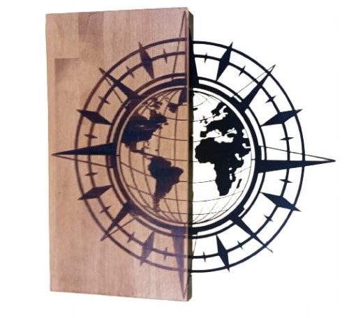 PŁASKORZEŹBA OZDOBA ŚCIENNA ŚWIAT drewno+metal 57X58CM