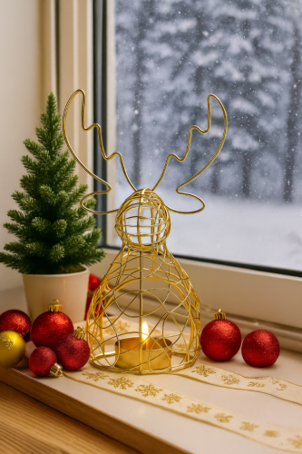 ŚWIECZNIK METALOWY NA TEALIGHT ZŁOTY RENIFER 21CM