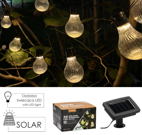 GIRLANDA SOLARNA OGRODOWA DŁ. 2 + 3,8 M STRIPES 20 LED CIEPŁY BIAŁY