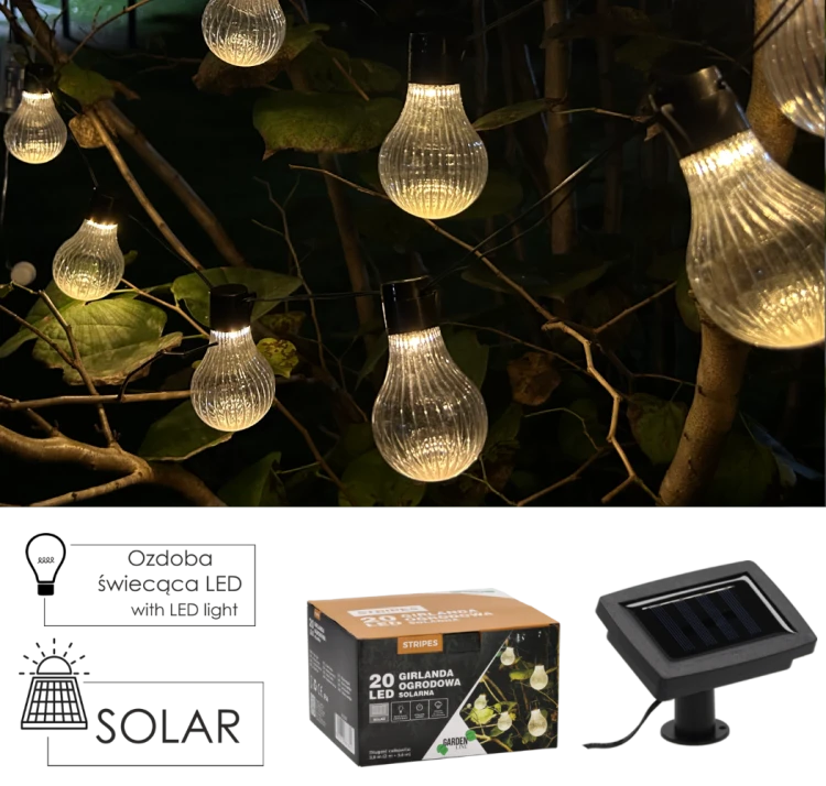 GIRLANDA SOLARNA OGRODOWA DŁ. 2 + 3,8 M STRIPES 20 LED CIEPŁY BIAŁY