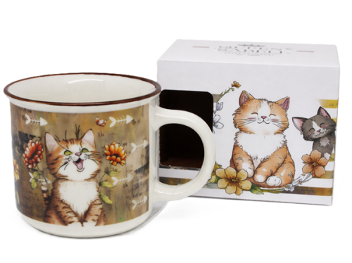 KUBEK CERAMICZNY KOT Z KWIATAMI PREZENT DLA KOCIARY 400ML 9x13CM