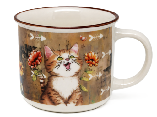 KUBEK CERAMICZNY KOT Z KWIATAMI PREZENT DLA KOCIARY 400ML 9x13CM
