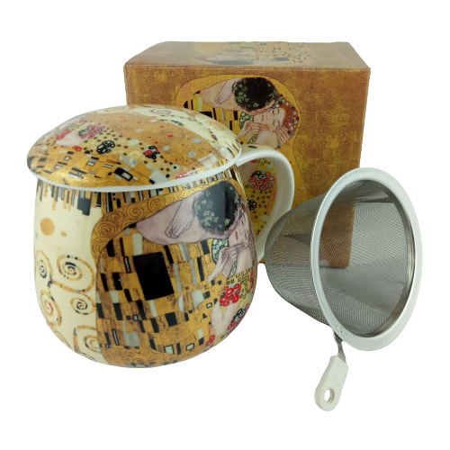 KUBEK CERAMICZNY Z METALOWYM ZAPARZACZEM G. KLIMT POCAŁUNEK 450 ML