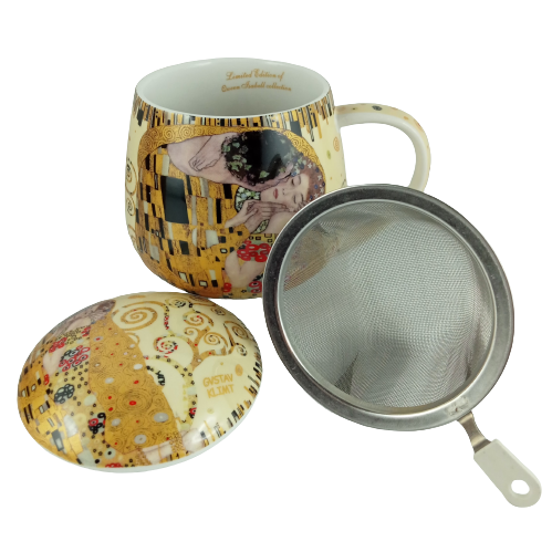 KUBEK CERAMICZNY Z METALOWYM ZAPARZACZEM G. KLIMT POCAŁUNEK 450 ML