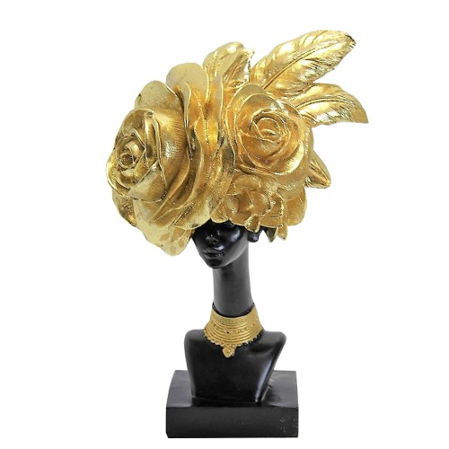 CZARNO-ZŁOTA FIGURKA AFROAMERYKANKA 19,5X30X12 CM POPIERSIE DUŻY ZŁOTY KALPELUSZ W KSZTAŁCIE KWIATÓW I PIÓR, ZŁOTY NASZYJNIK