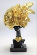 CZARNO-ZŁOTA FIGURKA AFROAMERYKANKA 19,5X30X12 CM POPIERSIE DUŻY ZŁOTY KALPELUSZ W KSZTAŁCIE KWIATÓW I PIÓR, ZŁOTY NASZYJNIK