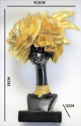 CZARNO-ZŁOTA FIGURKA AFROAMERYKANKA 19,5X30X12 CM POPIERSIE DUŻY ZŁOTY KALPELUSZ W KSZTAŁCIE KWIATÓW I PIÓR, ZŁOTY NASZYJNIK