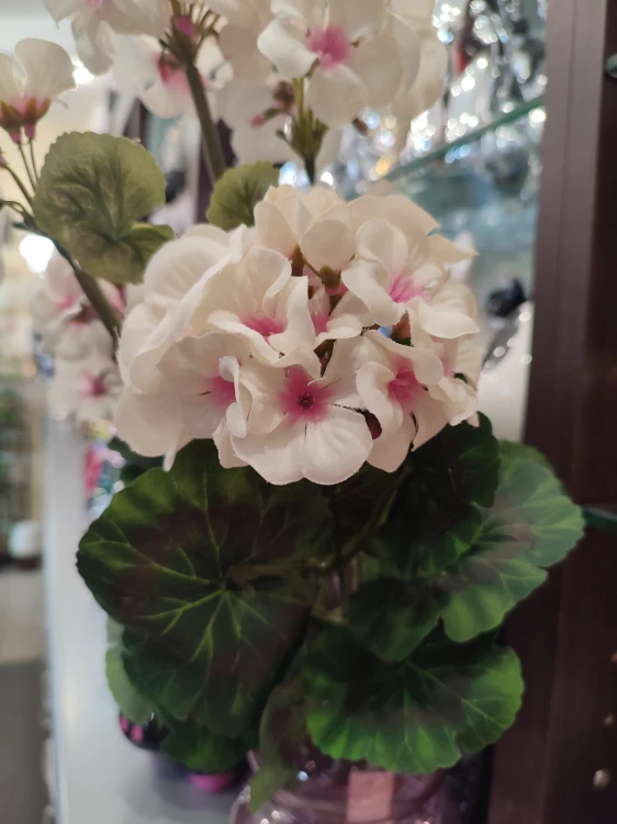 PELARGONIA sztuczne kwiaty BUKIET gałązka 46 cm BIAŁO-RÓŻOWA