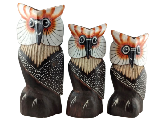 ZESTAW TRZY DREWNIANE SOWY 21/17/15 CM INDONEZJA