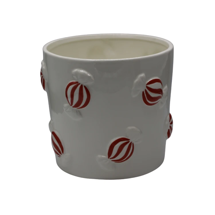 Osłonka doniczka świąteczna ceramiczna BIAŁA CUKIERKI na kwiaty Duża