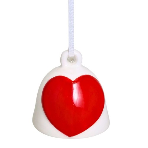 ZAWIESZKA DZWONECZEK CERAMICZNY BIAŁY Z CZERWONYM SERCEM 5X5X5,5